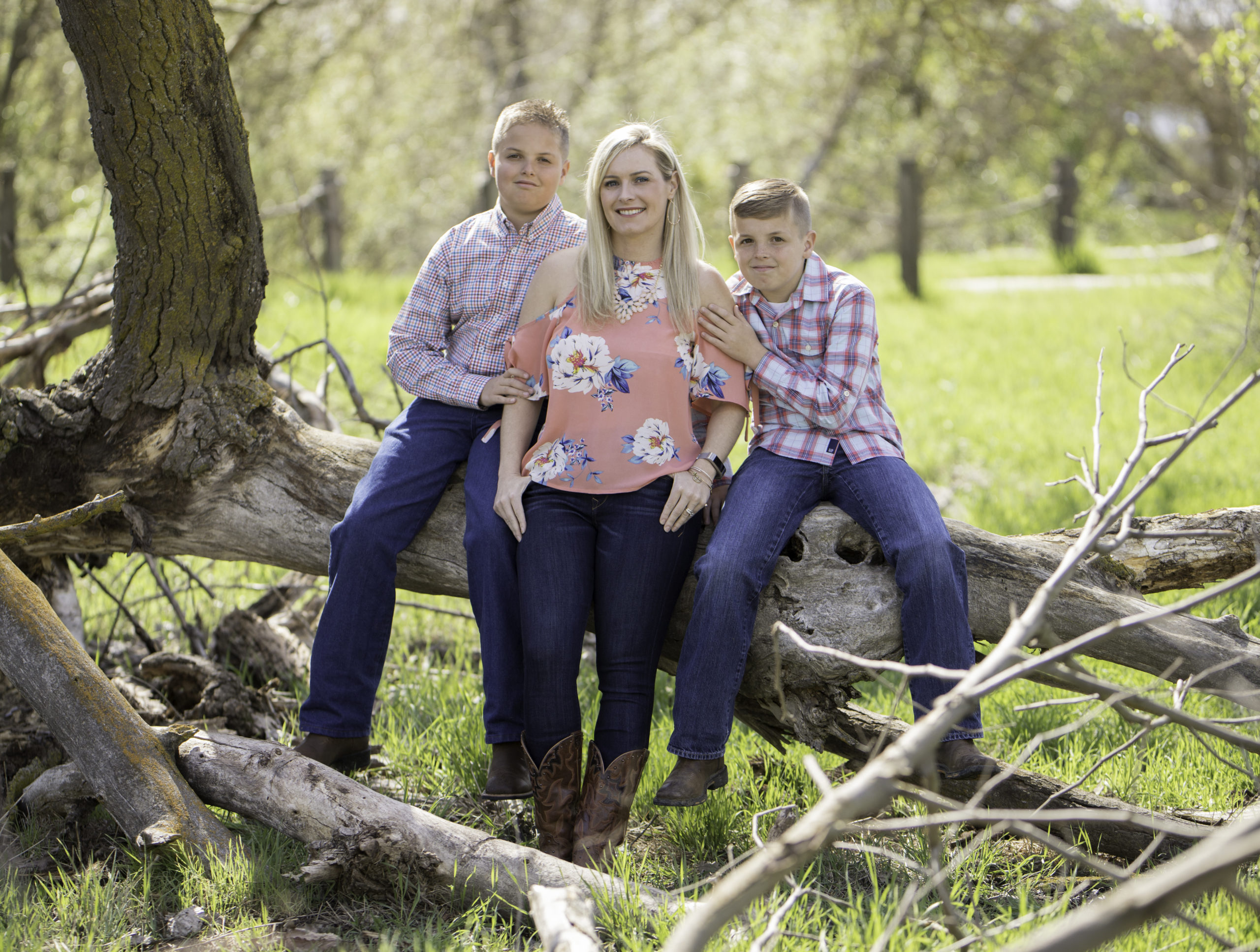 mom and sons posing in a tree