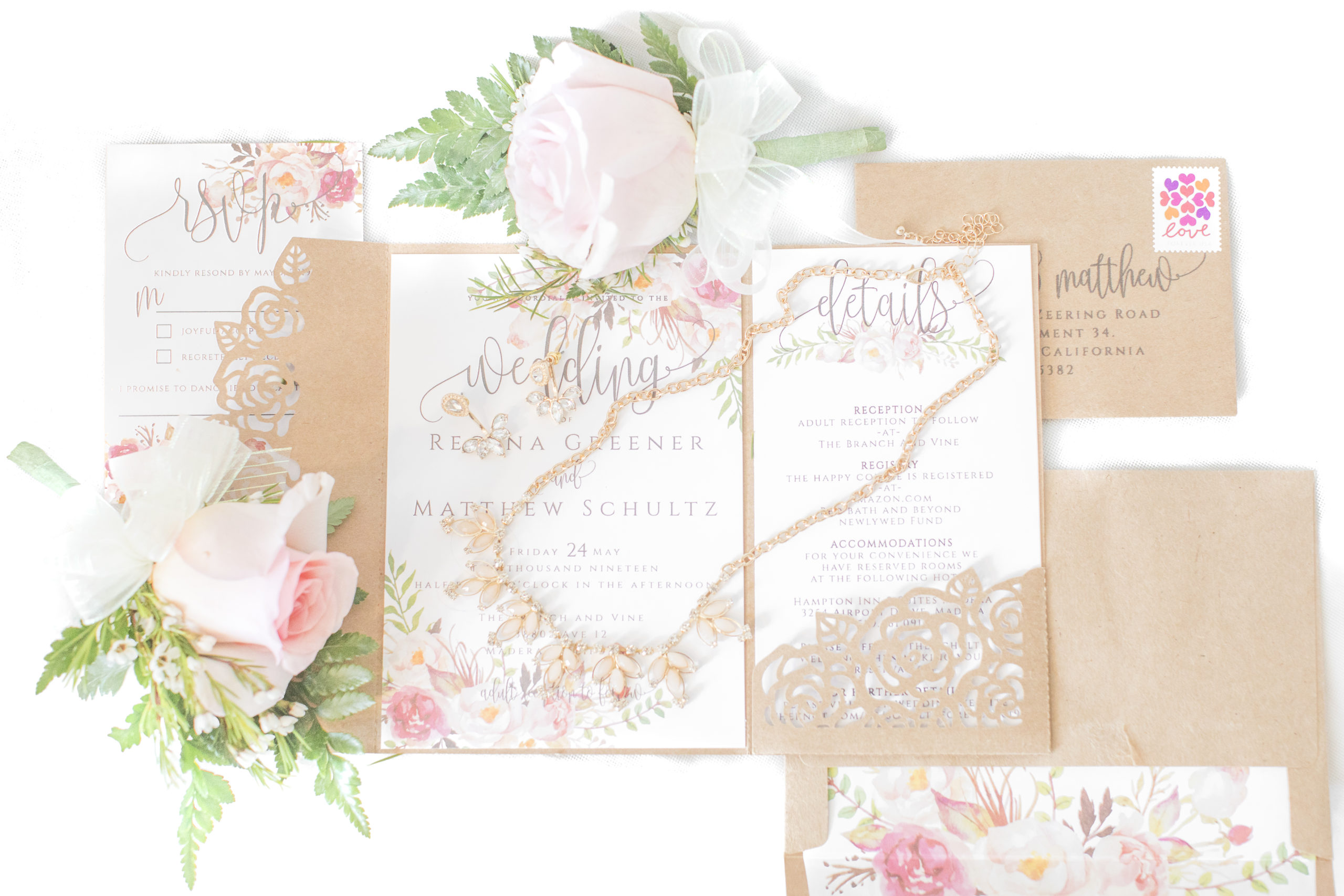A teal Branch and Vine Wedding bridal details