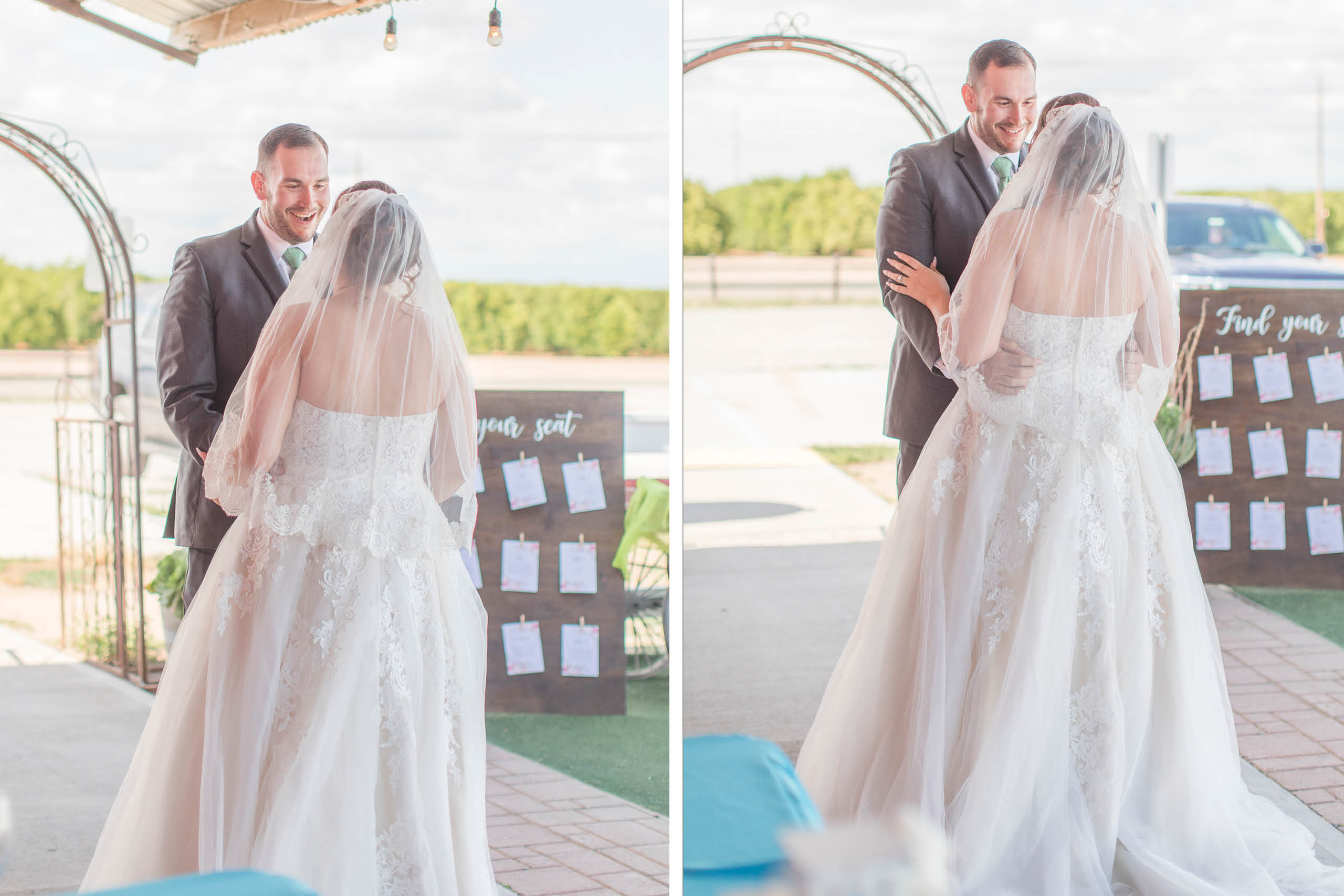 A teal Branch and Vine Wedding first look