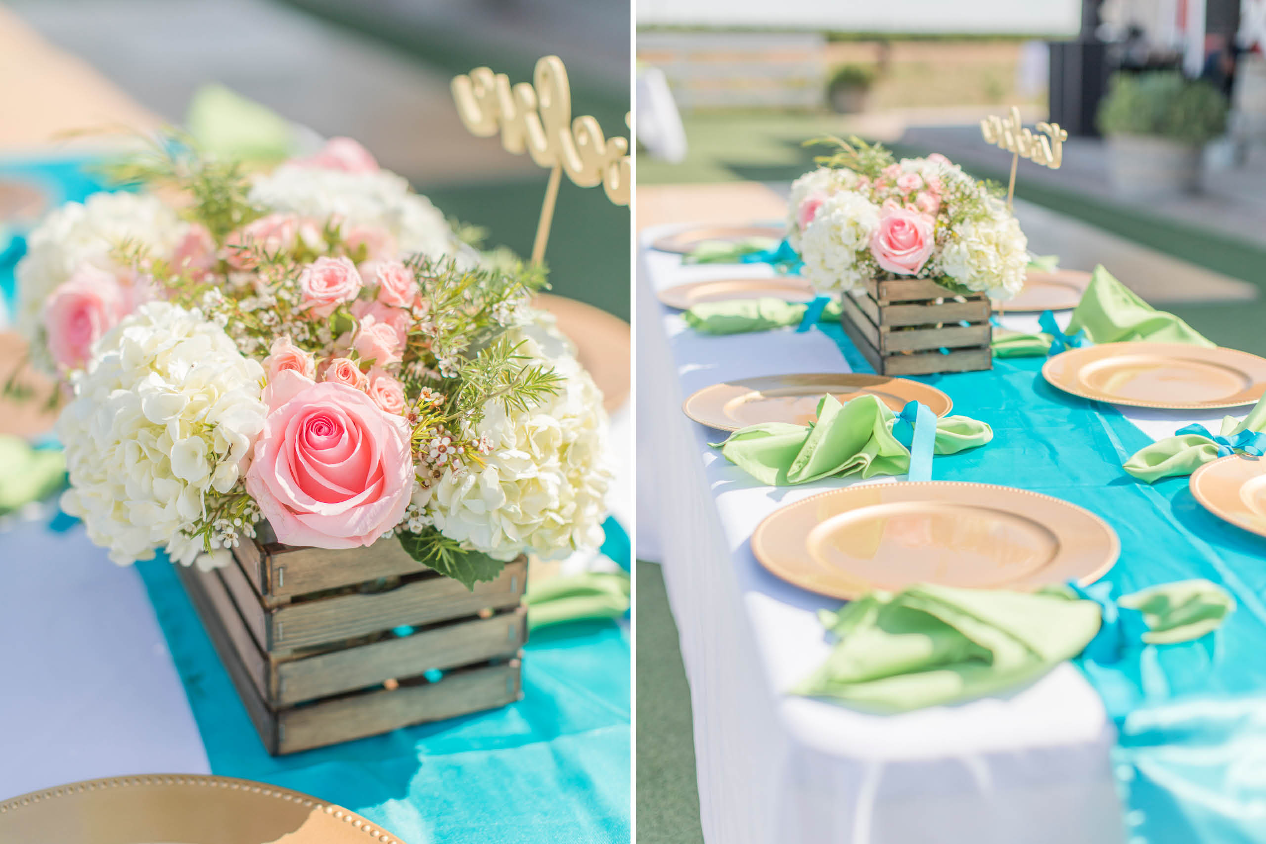 A teal Branch and Vine Wedding reception
