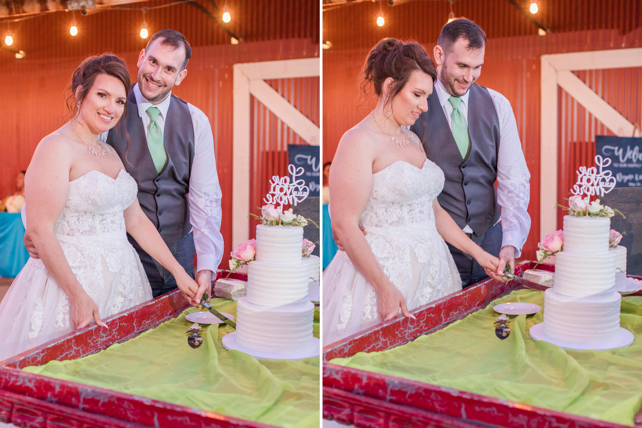 A teal Branch and Vine Wedding cake cutting